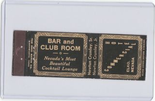 Commercial Hotel Bar And Club Room Cocktail Lounge Matchcover Elko Nevada - 1935