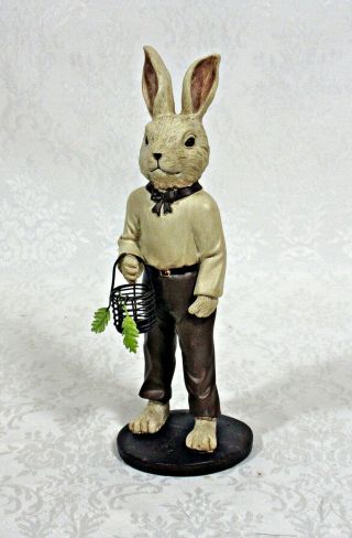 Resin 8 " Boy Bunny Rabbit Statue Figurine With Metal Egg Basket