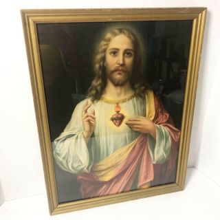 Vintage Framed Portrait Of Jesus & The Sacred Heart