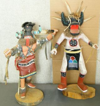 2 Pc Hopi Kachina Native American Wood Carved Dolls Hopi Black Ogre 15 "