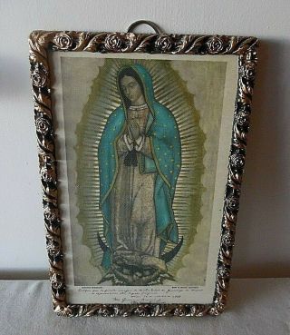 Vintage 1978 Made In Mexico Print Our Lady Of Guadalupe Wood Roses Frame Signed