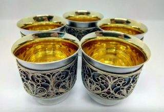 Vintage Set of 5 Russian Vodka Cups Silver & Gold Wash W/ Gold Plated Filigree 2