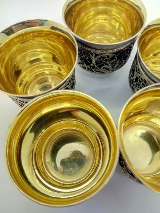 Vintage Set of 5 Russian Vodka Cups Silver & Gold Wash W/ Gold Plated Filigree 3