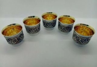Vintage Set of 5 Russian Vodka Cups Silver & Gold Wash W/ Gold Plated Filigree 4