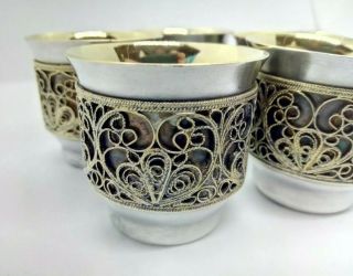 Vintage Set of 5 Russian Vodka Cups Silver & Gold Wash W/ Gold Plated Filigree 5