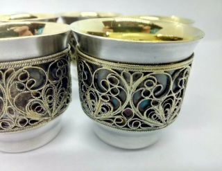 Vintage Set of 5 Russian Vodka Cups Silver & Gold Wash W/ Gold Plated Filigree 6