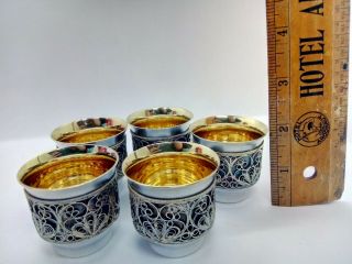 Vintage Set of 5 Russian Vodka Cups Silver & Gold Wash W/ Gold Plated Filigree 7