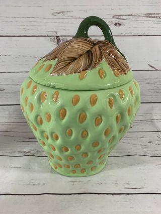 Green Ceramic Strawberry Lidded With Brown Leaves Cookie Jar