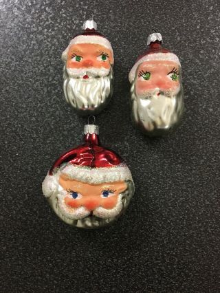 3 Vintage Santa Head Glass Ornaments Hand Decorated Glitter
