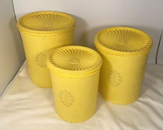 Vintage Set Of 3 Tupperware Canisters Pale Yellow W/ Lids Mid Century