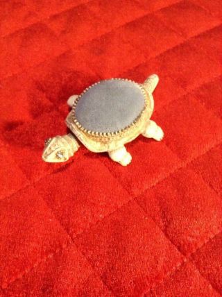 Mid - Century Vintage Motion Rhinestone Eyes Turtle Blue Pin Cushion