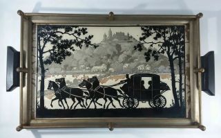 Vtg Rusch Germany Tray Reverse Painted Silhouette Couple Horse - Drawn Carriage