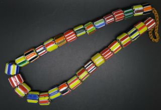 Vintage Ethnic Tribal Big Multi - Color Stripe Chevron Glass Trade Beads Necklace
