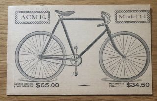 1890s Acme Cycle Company Bicycle Model 14 Advertising Trade Card Elkhart In