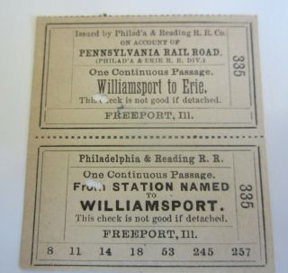2 Old Vintage Philadelphia Reading Railroad Tickets - Williamsport - Erie - Pa.