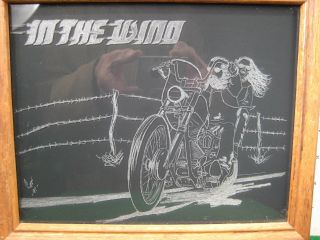 Vintage Etched Harley Davidson Chopper.  " In The Wind " Reverse Painted Glass.
