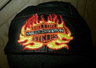 Flaming Harley Davidson Leather Skull Cap W Tail Doo Rag Size L Xl Great