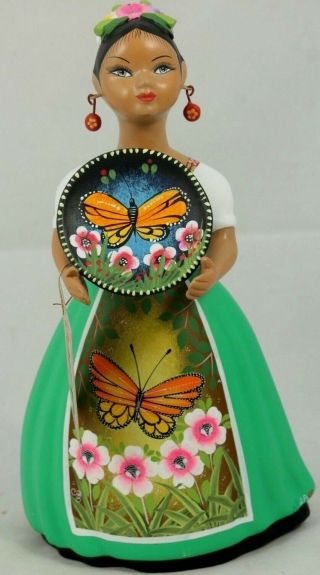 Lupita Najaco Ceramic Doll/figurine Mexican Folk Art Platter W Butterfly Green