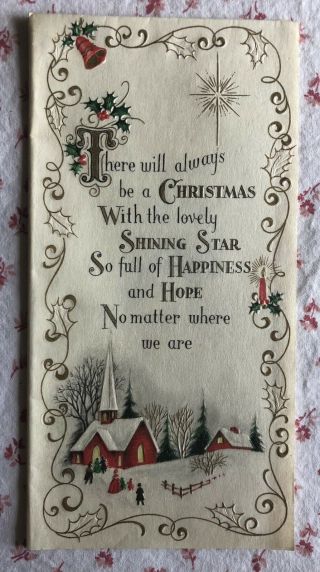Vintage Mid Century Gold Embossed Christmas Card Church Snow Scene Villagers
