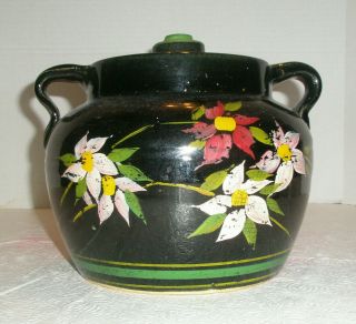 Vintage Stoneware Pottery Bean Pot Or Cookie Jar Handles Lid Hand Painted