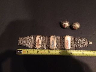 Antique Chinese Export Silver Filigree 3 Panel Bovine Bone Bracelet W/ Earrings