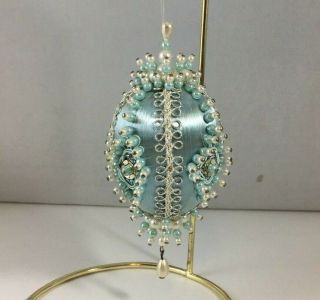 Vtg Christmas Handmade Push Pin Ornament Beaded Silky Blue Thread Light Blue O4