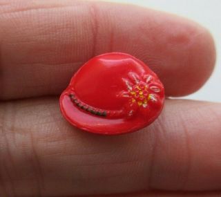 Adorable Antique Vtg Hand Painted Red Glass Button Realistic Hat 3/4 " (j)