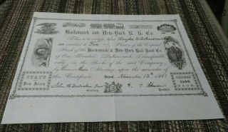 Hackensack And York Railroad Company Stock Certificate - 5 Shares - 1861