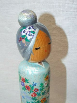 Vtg Artist Signed JAPANESE Asian Kokeshi /Sosaku Wooden Peg DOLL Colorful Flower 8