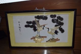 Chinese Carved Shell Art,  Mother Of Pearl Wall Photo Cranes Standing On Rocks