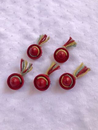 5 Vintage 1940’s Red Wooden Sombrero Buttons With Decorative Yarn Tassels