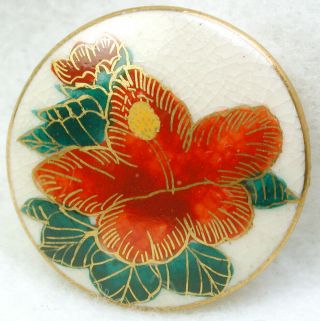 Vintage Satsuma Button Colorful Hibiscus Flower W Gold Details 1 & 1/8 "