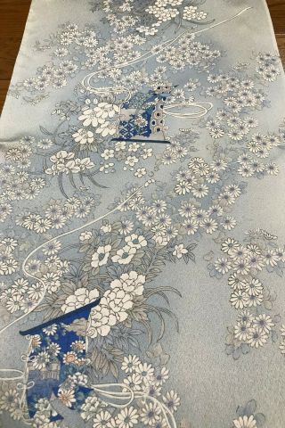 @@ 130 cm Japanese vintage kimono silk fabric/ smooth silk/ white & blue J652 2