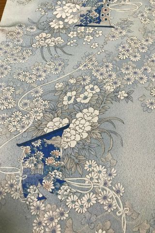 @@ 130 cm Japanese vintage kimono silk fabric/ smooth silk/ white & blue J652 3