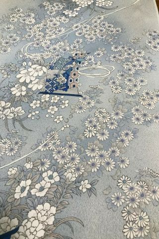 @@ 130 cm Japanese vintage kimono silk fabric/ smooth silk/ white & blue J652 4