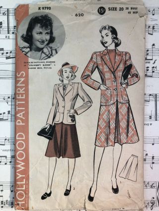 Hollywood 1940s 9790 Misses Suit Vintage Sewing Pattern