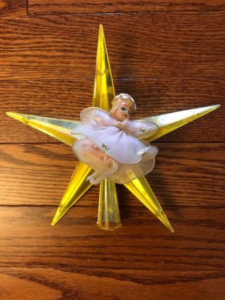 Vintage Christmas Gold Star Tree Topper With Pink Chenille Sleeping Angel