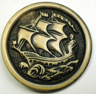 Lg Size Vintage Celluloid Button 5 Masted Sailing Ship On High Seas 1 & 5/8 "
