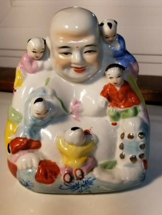 Vintage Mid Century 4.  5 " Chinese Buddha Figurine With Children Bisque Porcelain