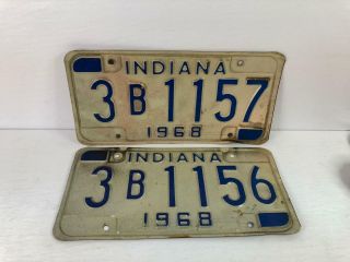 Pair Vintage Rare 1968 Indiana Usa Truck Car License Plate Blue On White