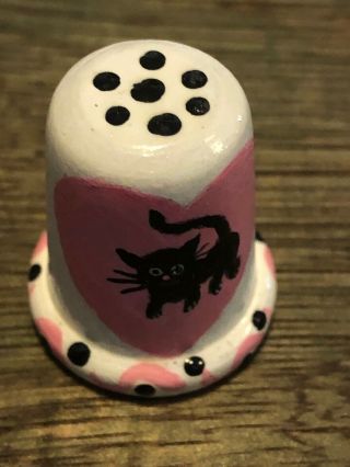 Thimble Wood Hand Painted Cat In Pink Heart