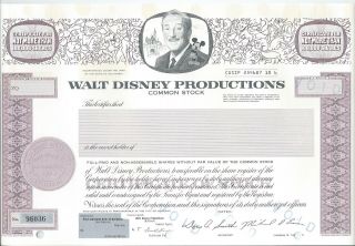 Walt Disney Productions Stock Certificate Rare Vintage Disneyland