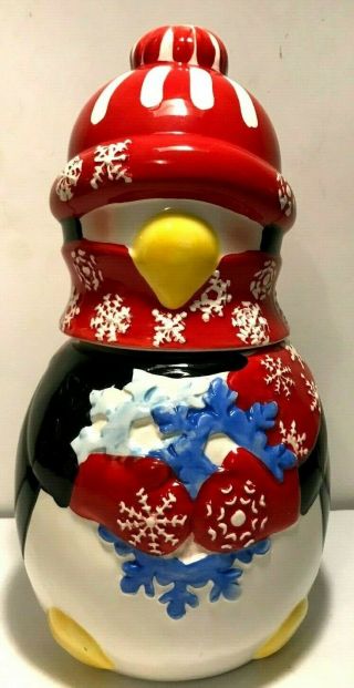 Msrf Christmas Winter Penguin In Snowflake Hat Mittens And Scarf Cookie Jar