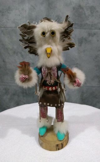 Large 14.  5 Inch Owl Man Kachina Doll By I.  Mcb Rabbit Fur Seashells