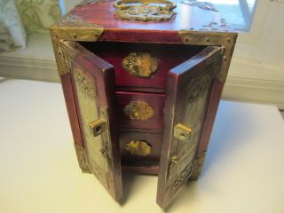 Vintage Chinese Jewelry Box Chest,  Cherry Wood,  Brass And Jade