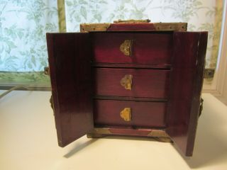 Vintage Chinese Jewelry Box Chest,  Cherry Wood,  Brass and Jade 2