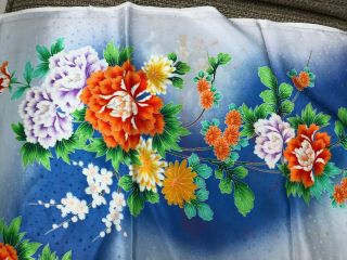 Japanese Kimono 100 Silk Fabric 62 " X14 - 1/2 " Bright Floral On Embossed Gray Blue