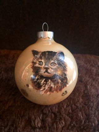 Collectible Yellow 3 " Vintage Hand Painted Brown Long Haired Cat Ornament By C.  S