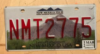 Mexico Tech Collegiate License Plate " Nmt 2775 " Nm School Of Mines Socorro