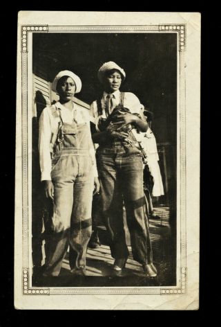1930s Snapshot Photo African American Tomboy Overall Girls - Holding Chicken